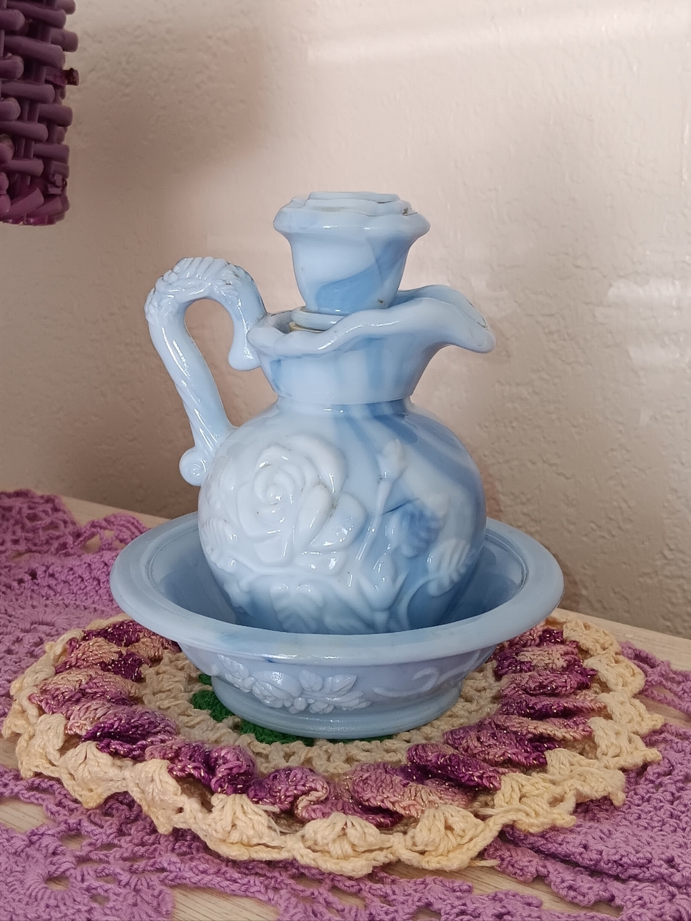 Avon Blue and White Marbled Glass Pitcher with Bowl